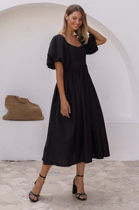 Cherie Puff Sleeve Midi Dress - Black