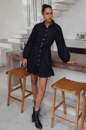 Malina Button Down Cotton Mini Dress - Black