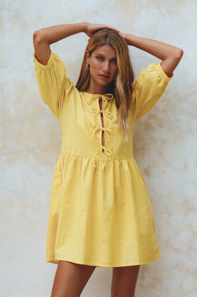 Beatrice Puff Sleeve Linen Mini Dress - Pineapple