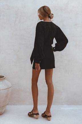 Ti Amo Linen Wrap Dress - Black