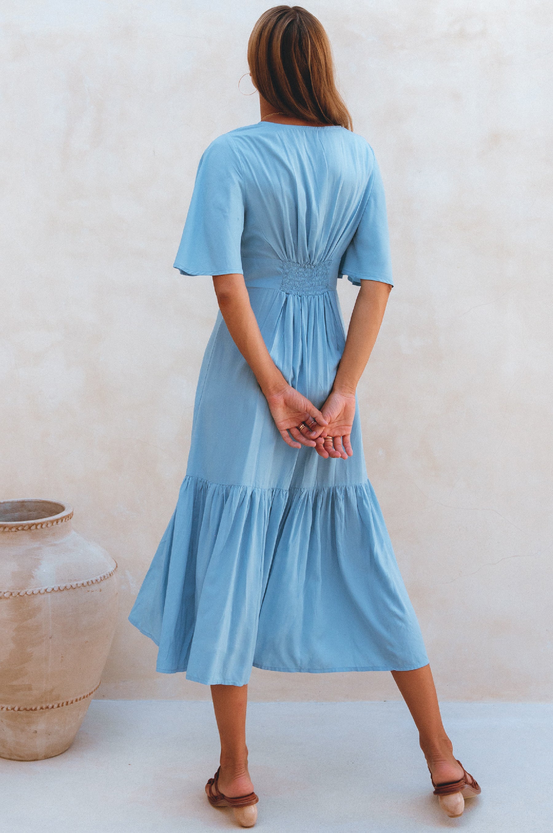 Donna Button Down Midi Dress - Soft Blue