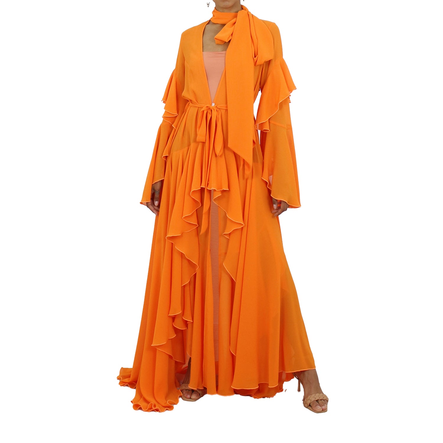 Korinne Deluxe Kaftan With Neck Tie-Neon Orange