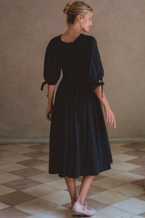 Freya Smocked Linen Midi Dress - Black