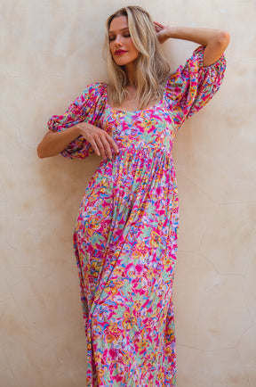 Violeta Puff Sleeve Midi Dress - Miracle Garden