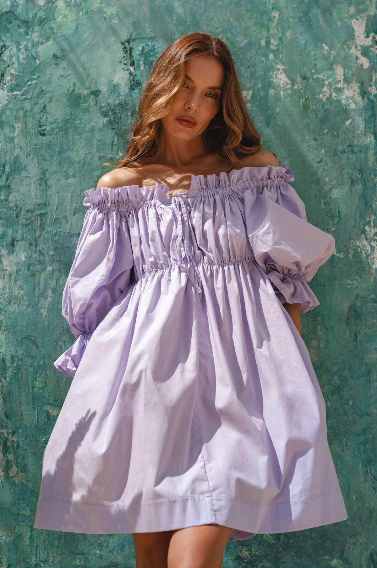 Vacay Off Shoulder Cotton Mini Dress - Lavender