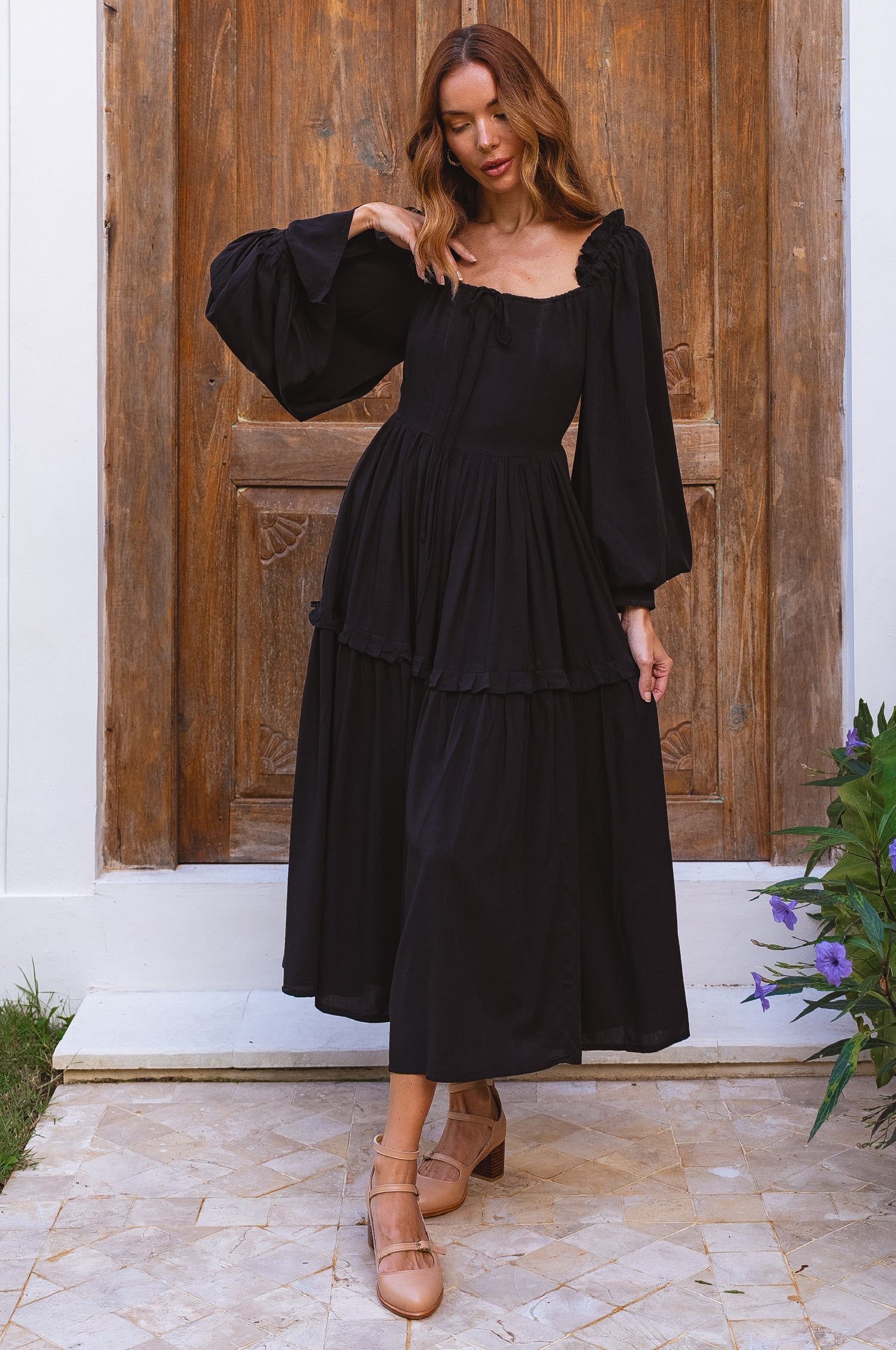 Floriana Long Sleeve Midi Dress - Black