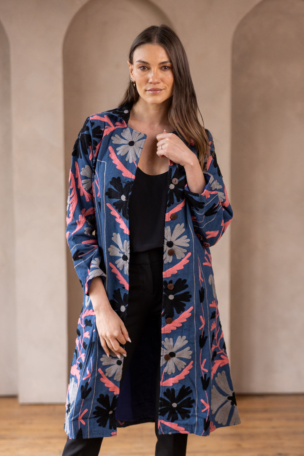 Malika Coats - Blue with Multi Color Embroidery