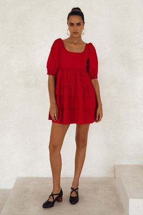 Andrea Babydoll Cotton Mini Dress - Red