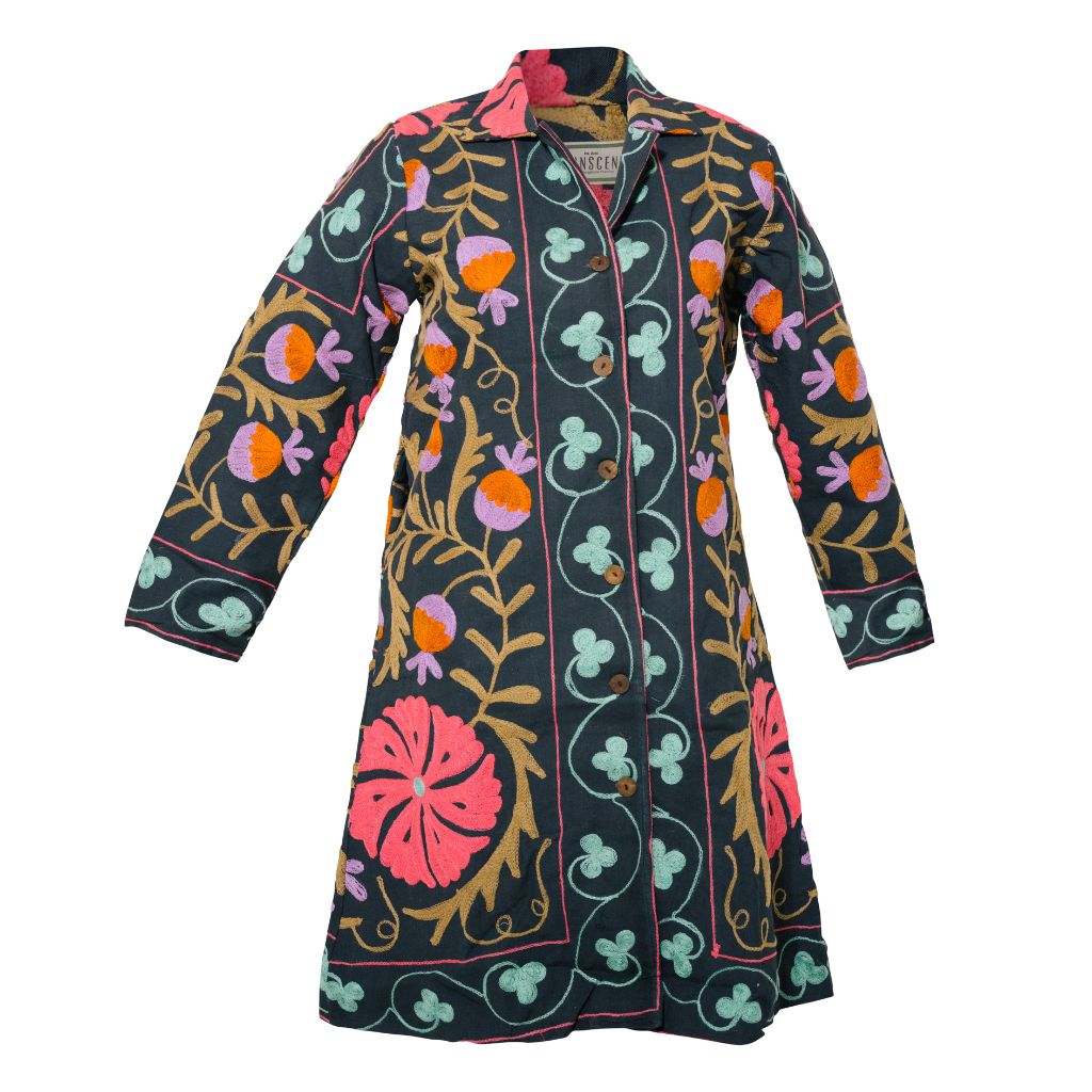 Malika Coats - Black with Pink Embroidery