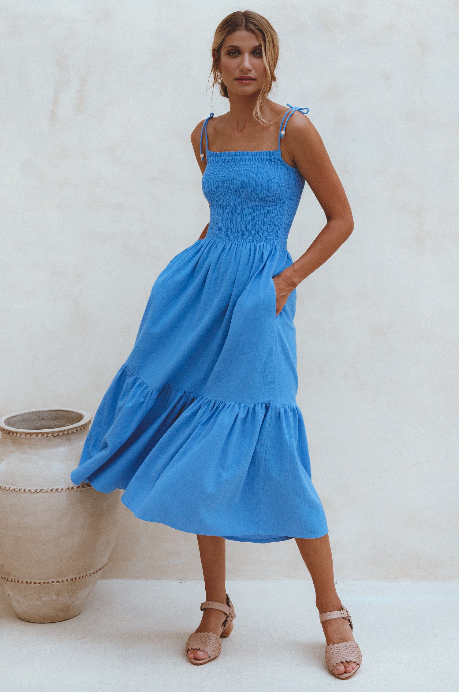 Paradiso Strappy Linen Midi Dress - Azure