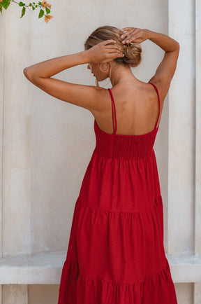 Rafaela Strappy Linen Midi Dress - Red