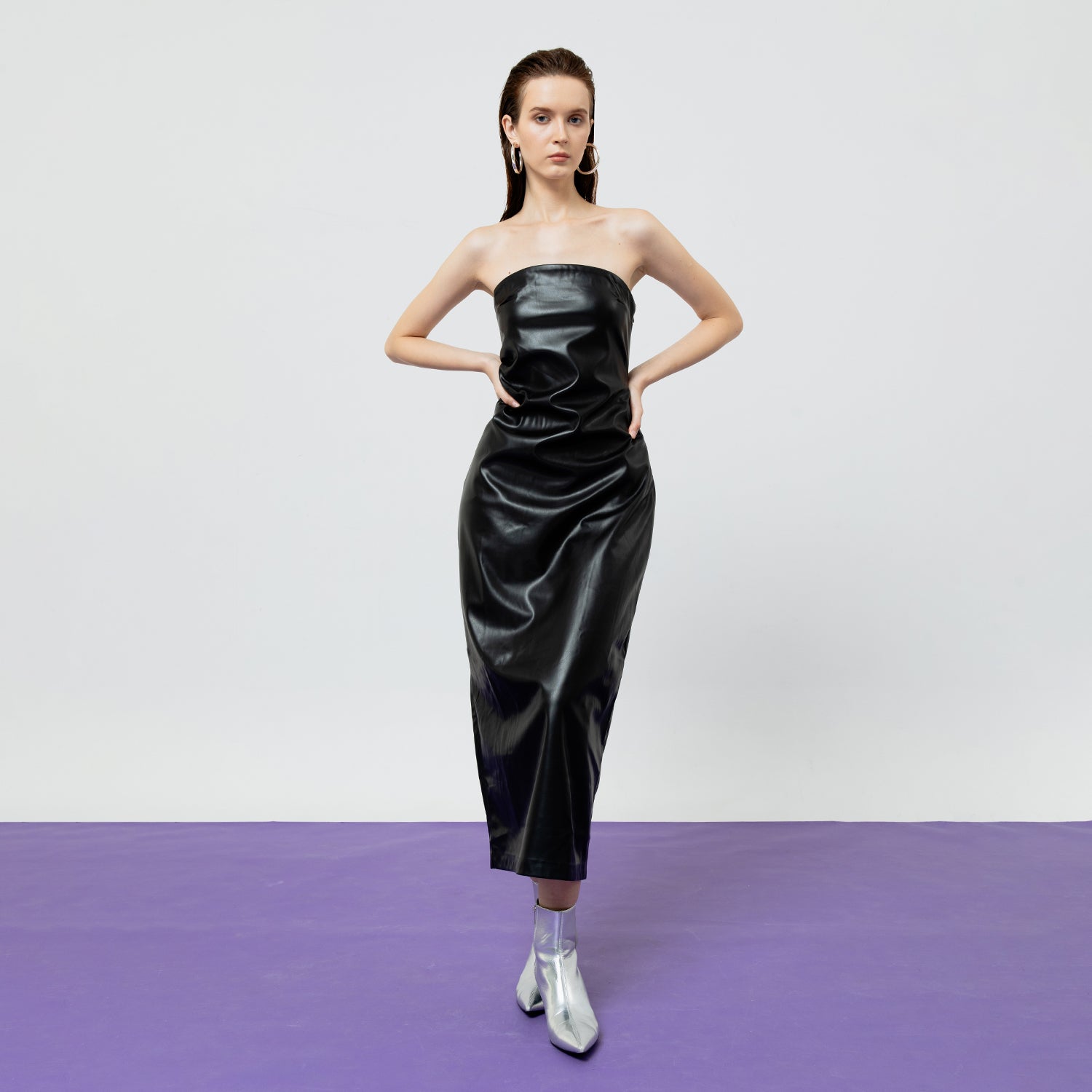 SIENNA BLACK LEATHER TUBE MIDI DRESS