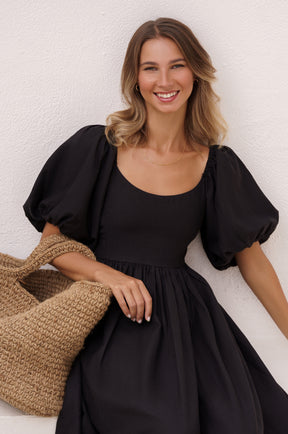 Cherie Puff Sleeve Midi Dress - Black