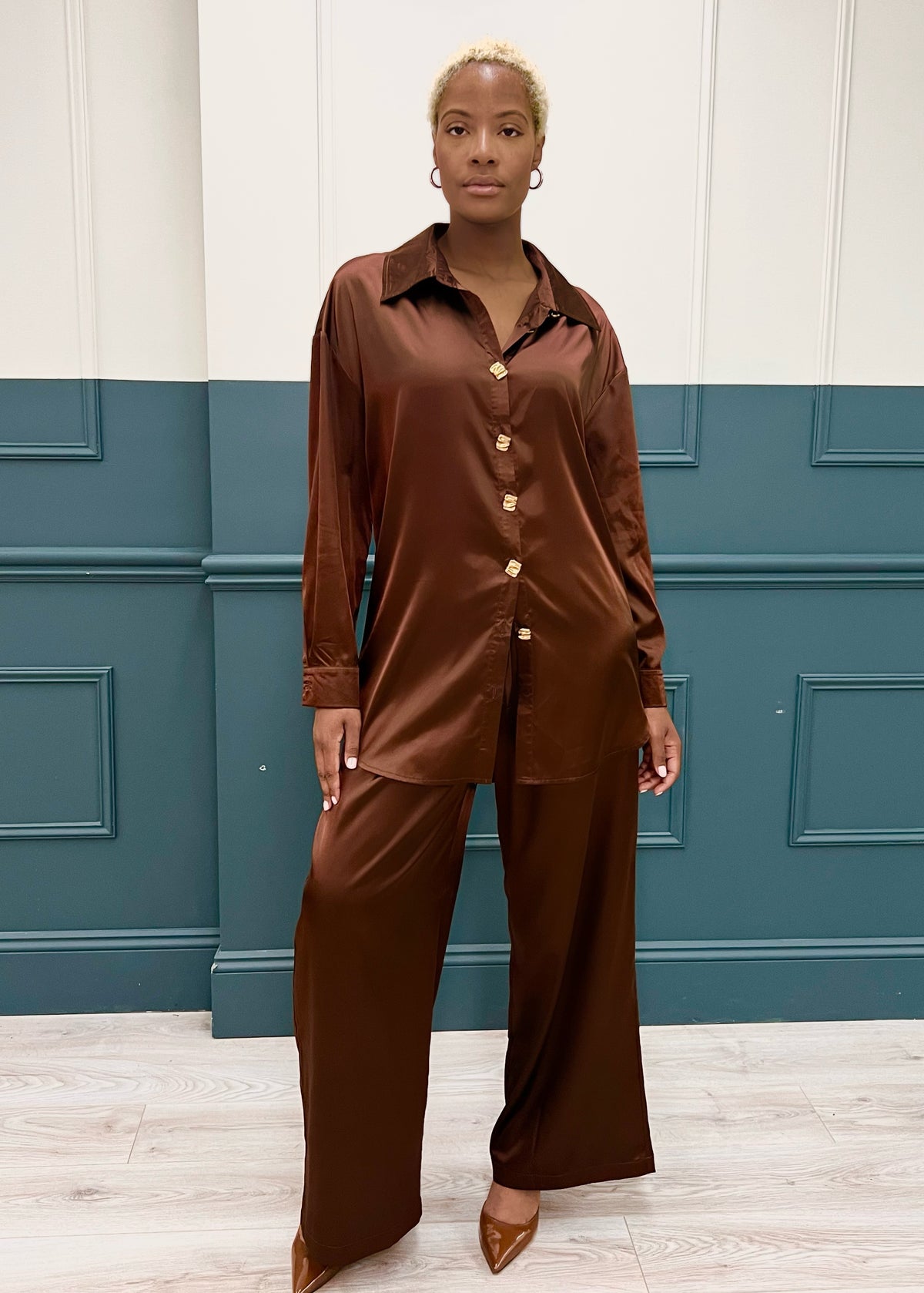 Earth Pants Chocolate Brown Drawstring Silk Satin Pants