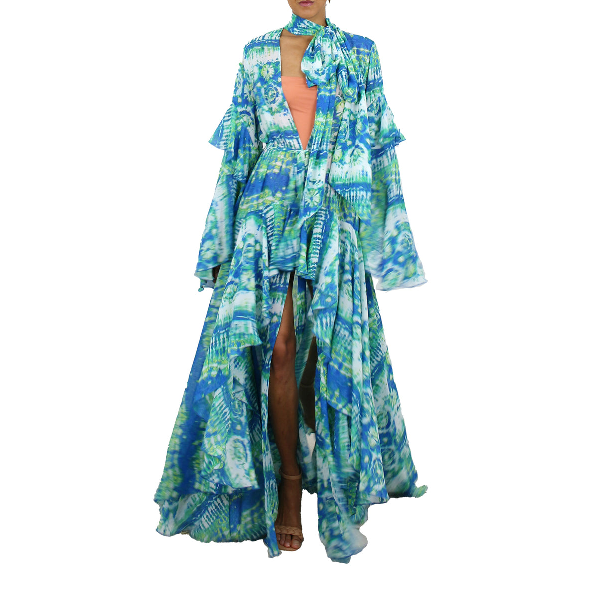 Korinne Deluxe Kaftan With Neck Tie-Blue & Green Batik Print