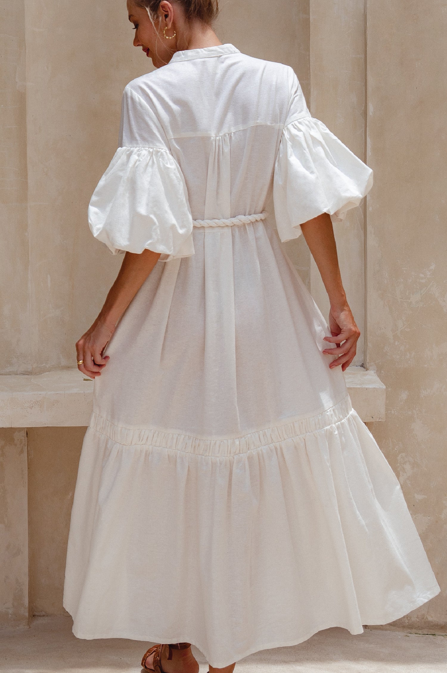 Oleana Puff Sleeve Maxi Dress - Off White