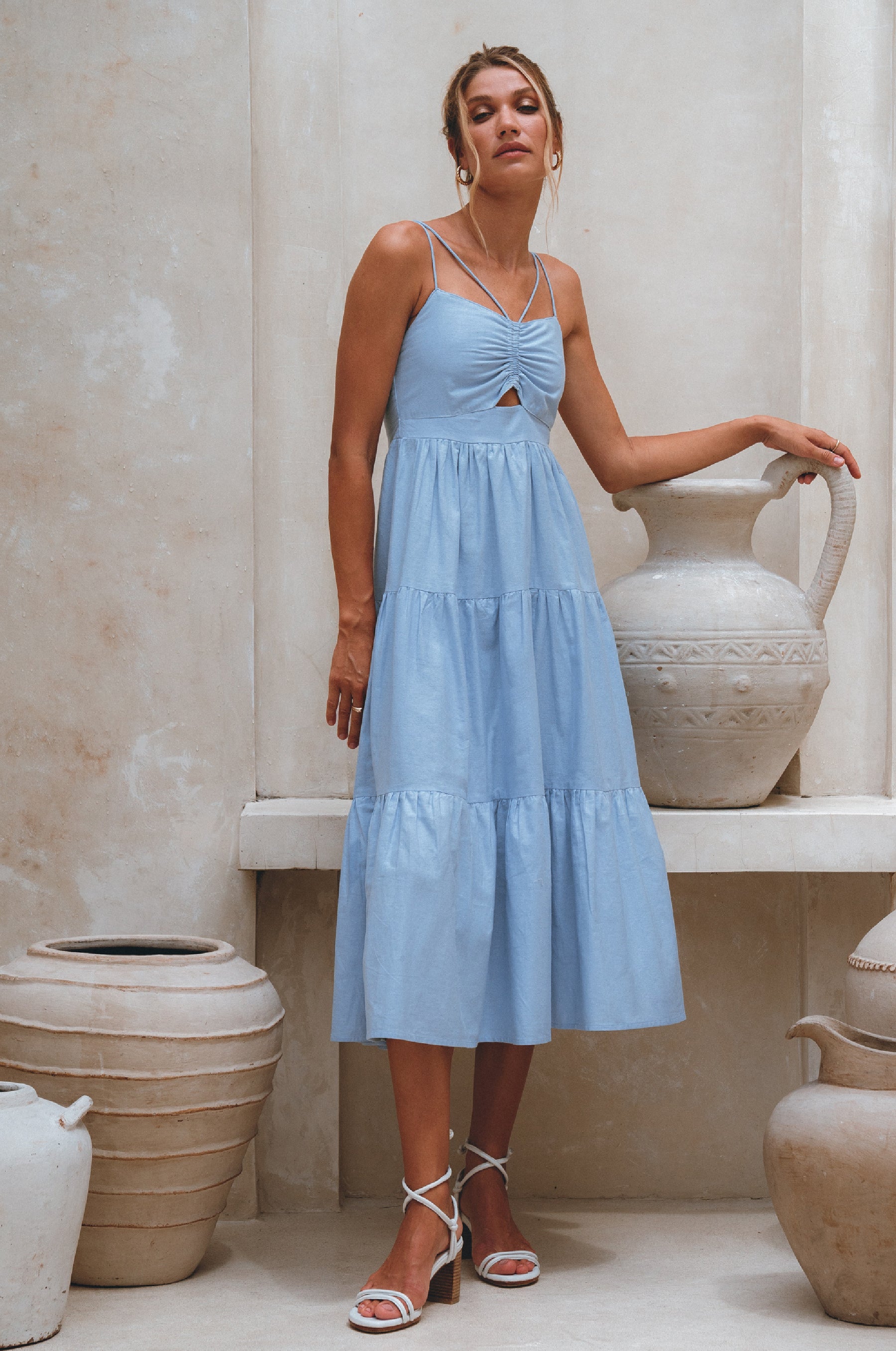 Rafaela Strappy Linen Midi Dress - Crystal Blue