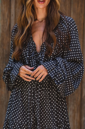 Alice Long Sleeve Ruffled Mini Dress - Black Polka