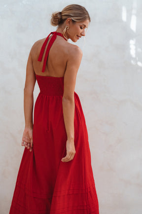 Penelope Halter Linen Maxi Dress - Red