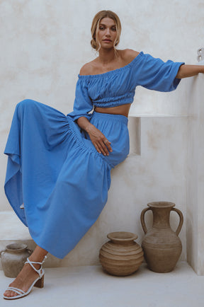 Annabelle Boho Linen Maxi Skirt - Azure