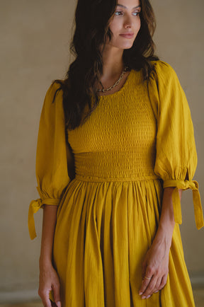 Freya Smocked Linen Midi Dress - Amber