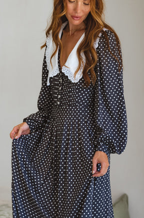 Glory Long Sleeve Midi Dress - Grey Polka Dot