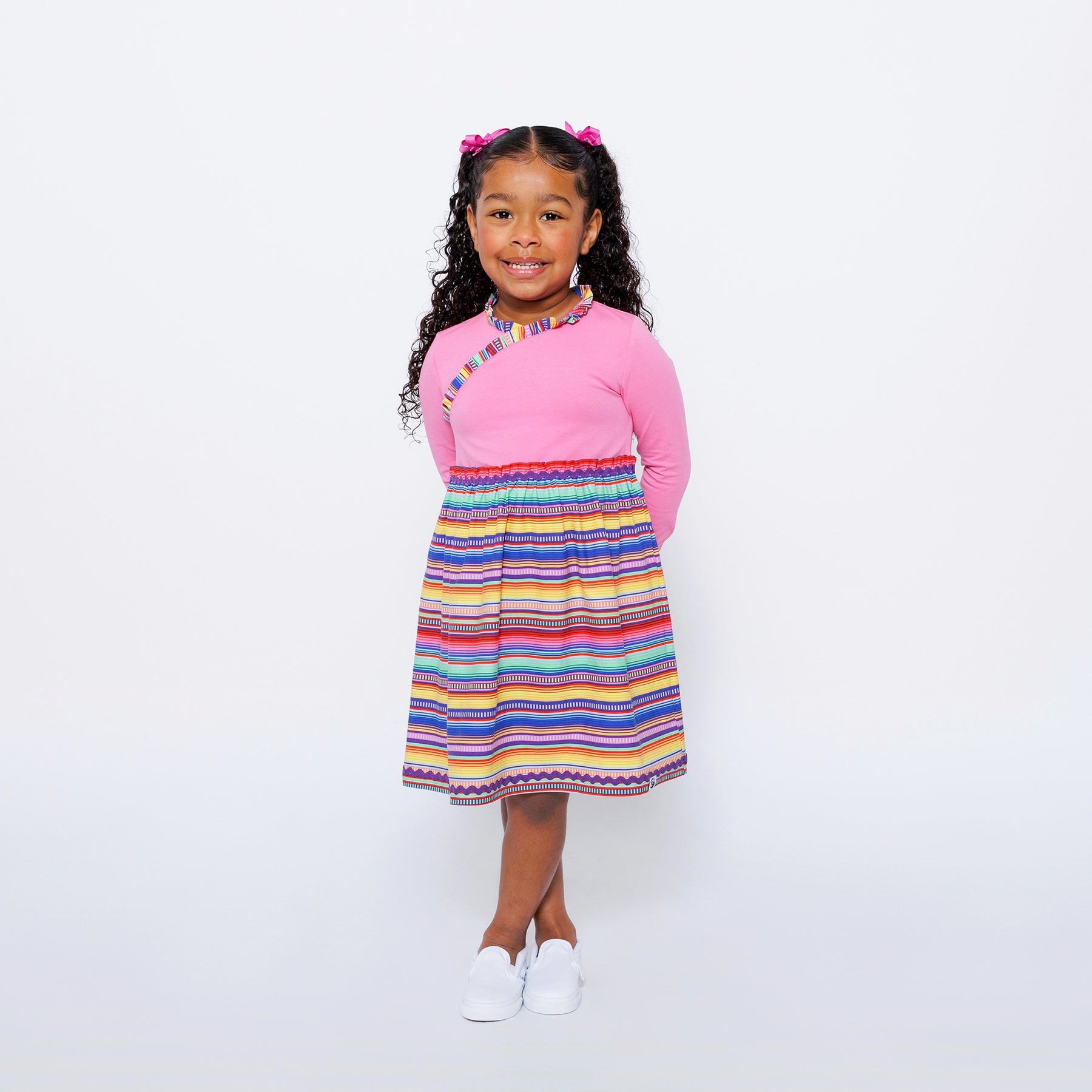 Mixed Up Clothing Girls Long Sleeve Ruffle Trim Dress Pink Multicolor Stripe