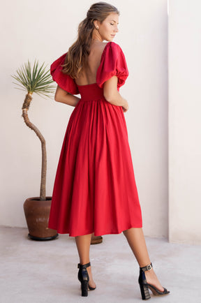 Cherie Puff Sleeve Midi Dress - Red