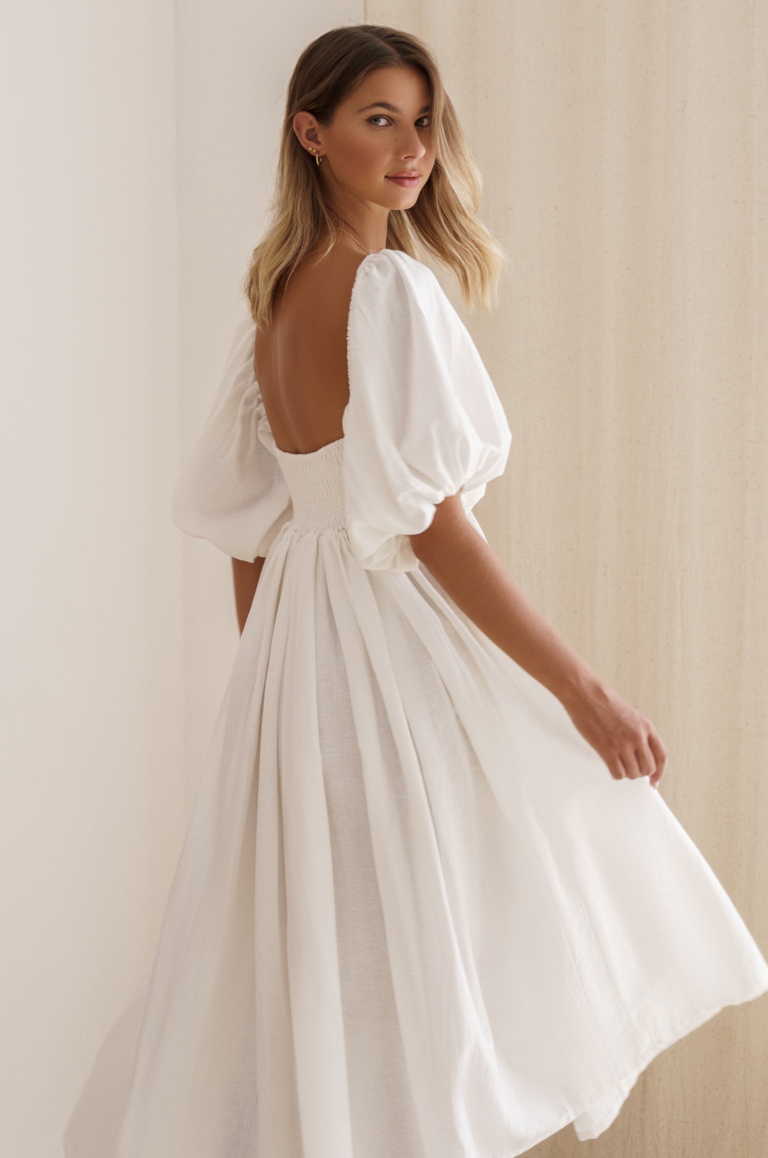 Cherie Puff Sleeve Midi Dress - Off White