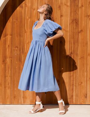 Cherie Puff Sleeve Midi Dress - Caribbean Blue