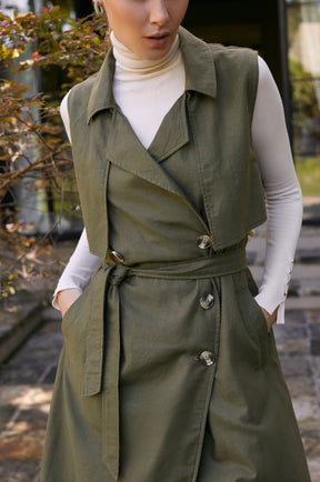 Arden Belted Vest Trench - Olive Green