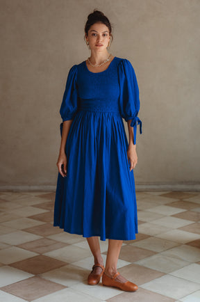 Freya Smocked Linen Midi Dress - Sapphire