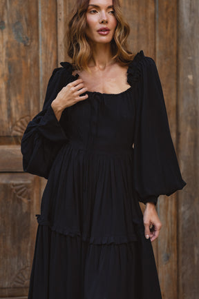 Floriana Long Sleeve Midi Dress - Black