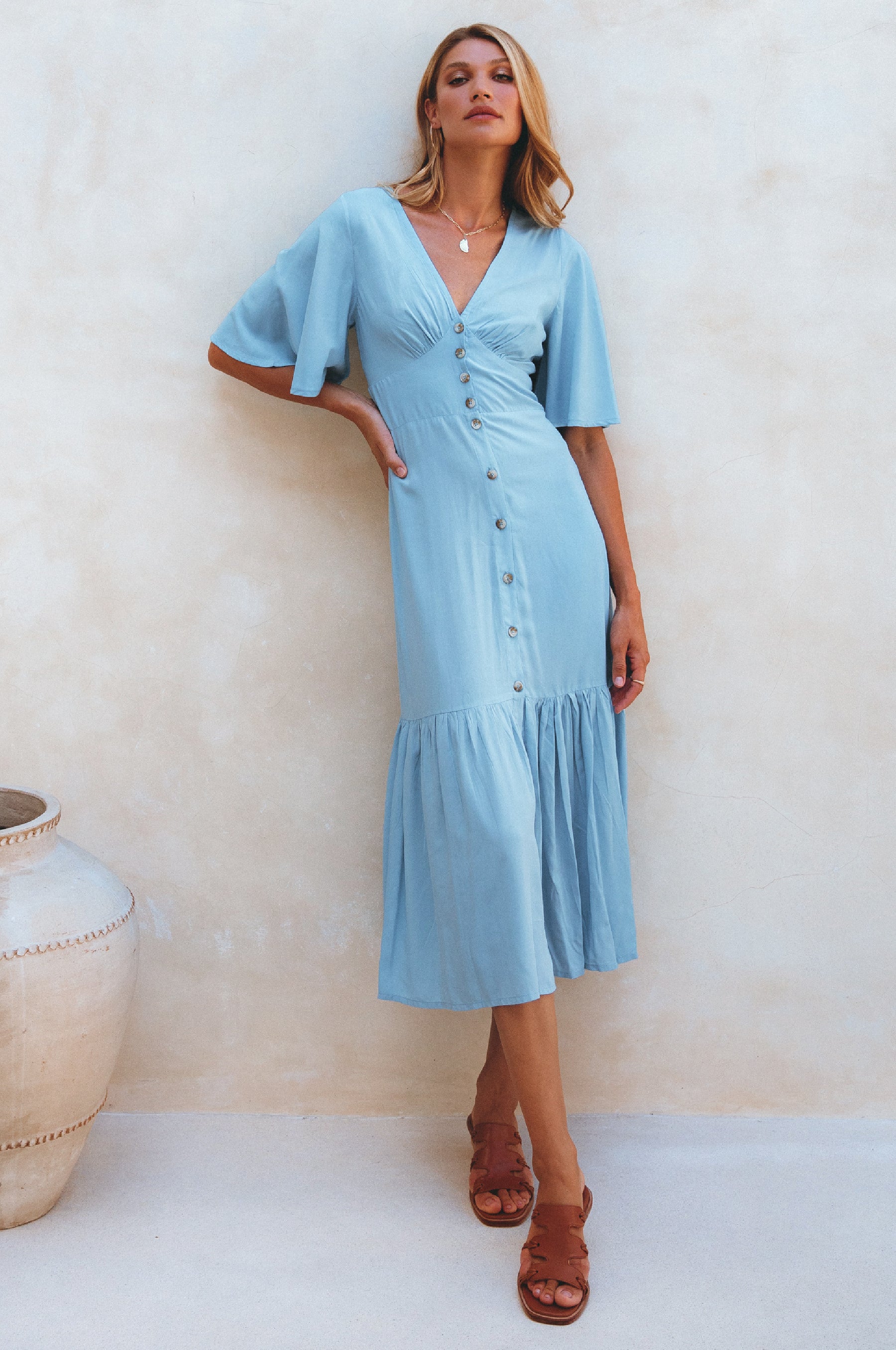 Donna Button Down Midi Dress - Soft Blue