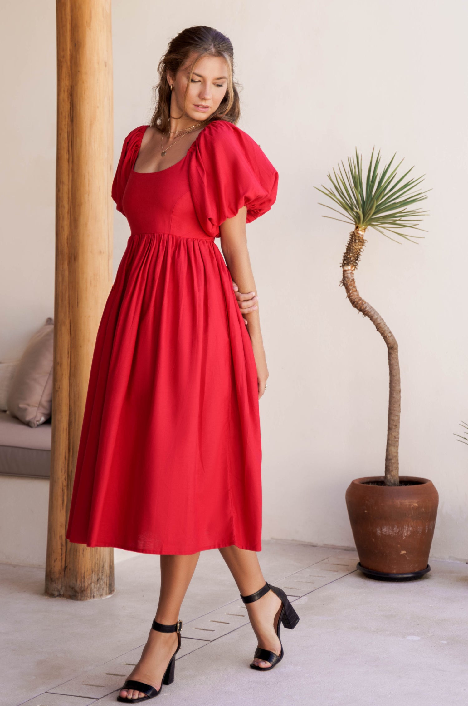 Cherie Puff Sleeve Midi Dress - Red