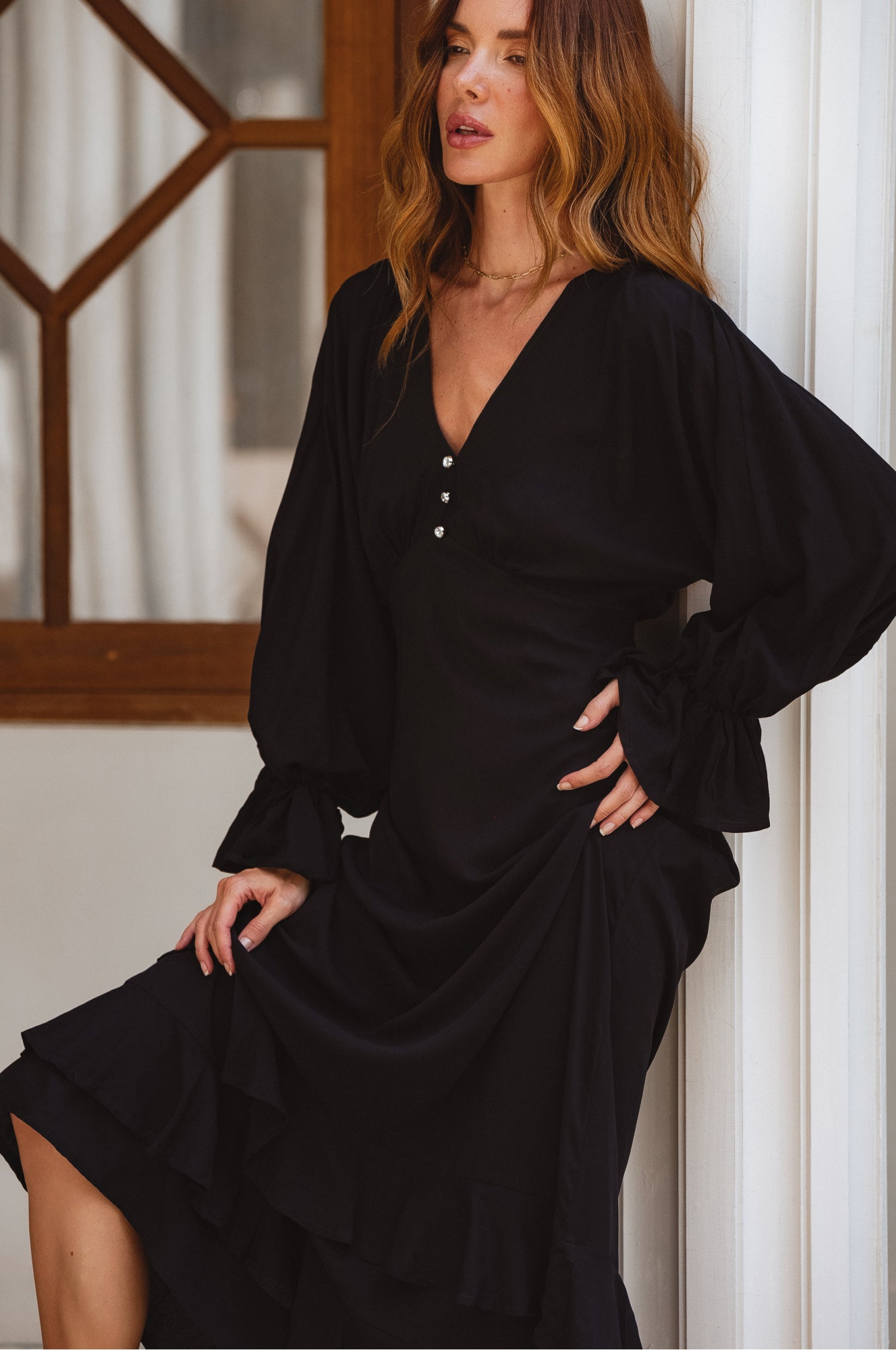 Ava Long Sleeve Ruffle Maxi Dress - Black