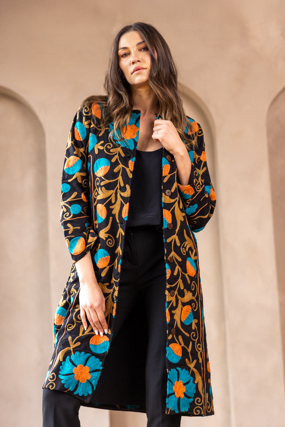 Malika Coats - Black with Teal Embroidery