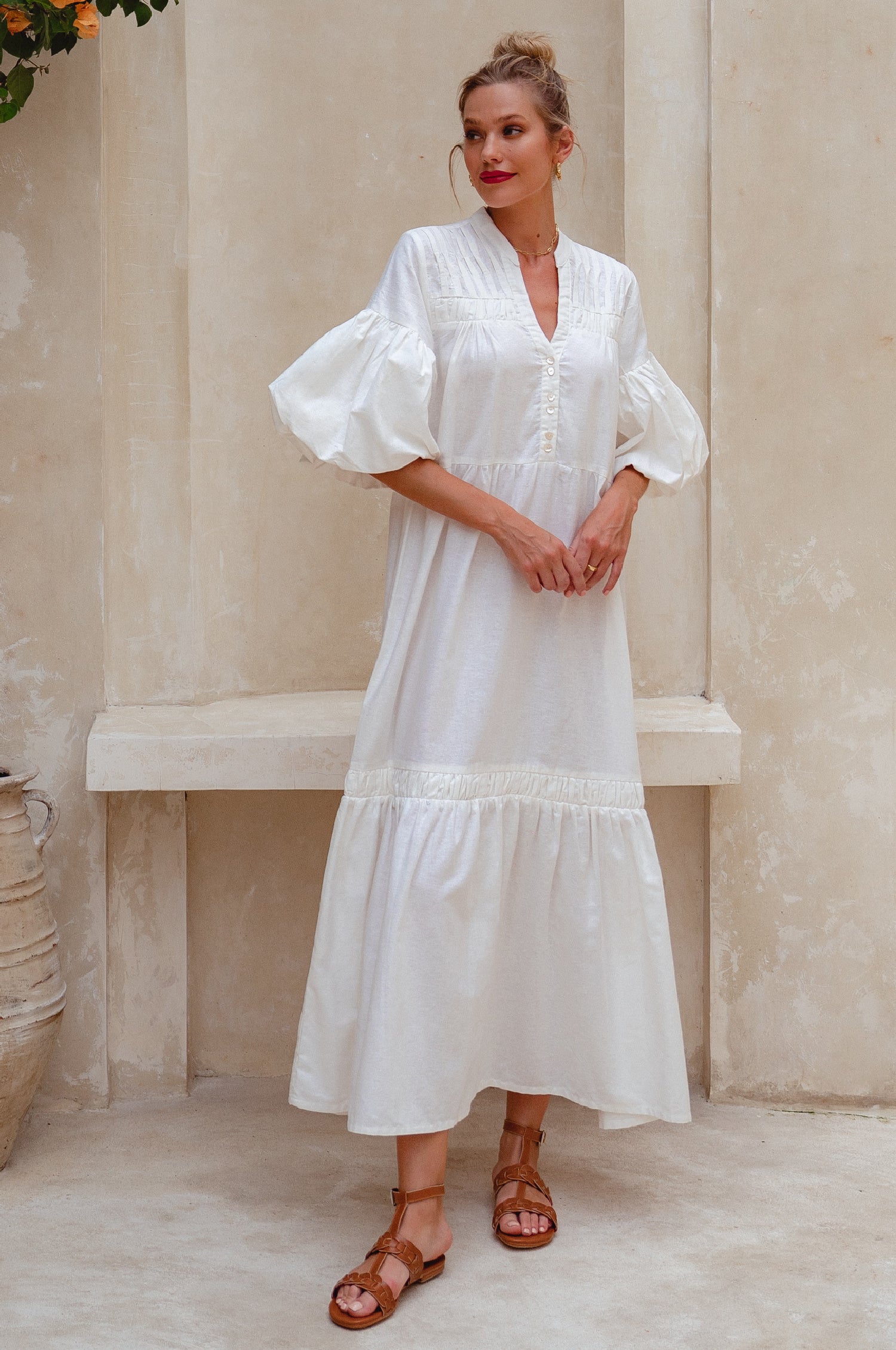 Oleana Puff Sleeve Maxi Dress - Off White