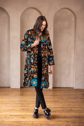 Malika Coats - Black with Teal Embroidery