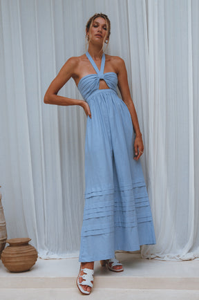 Penelope Halter Linen Maxi Dress - Crystal Blue