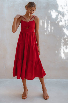 Rafaela Strappy Linen Midi Dress - Red