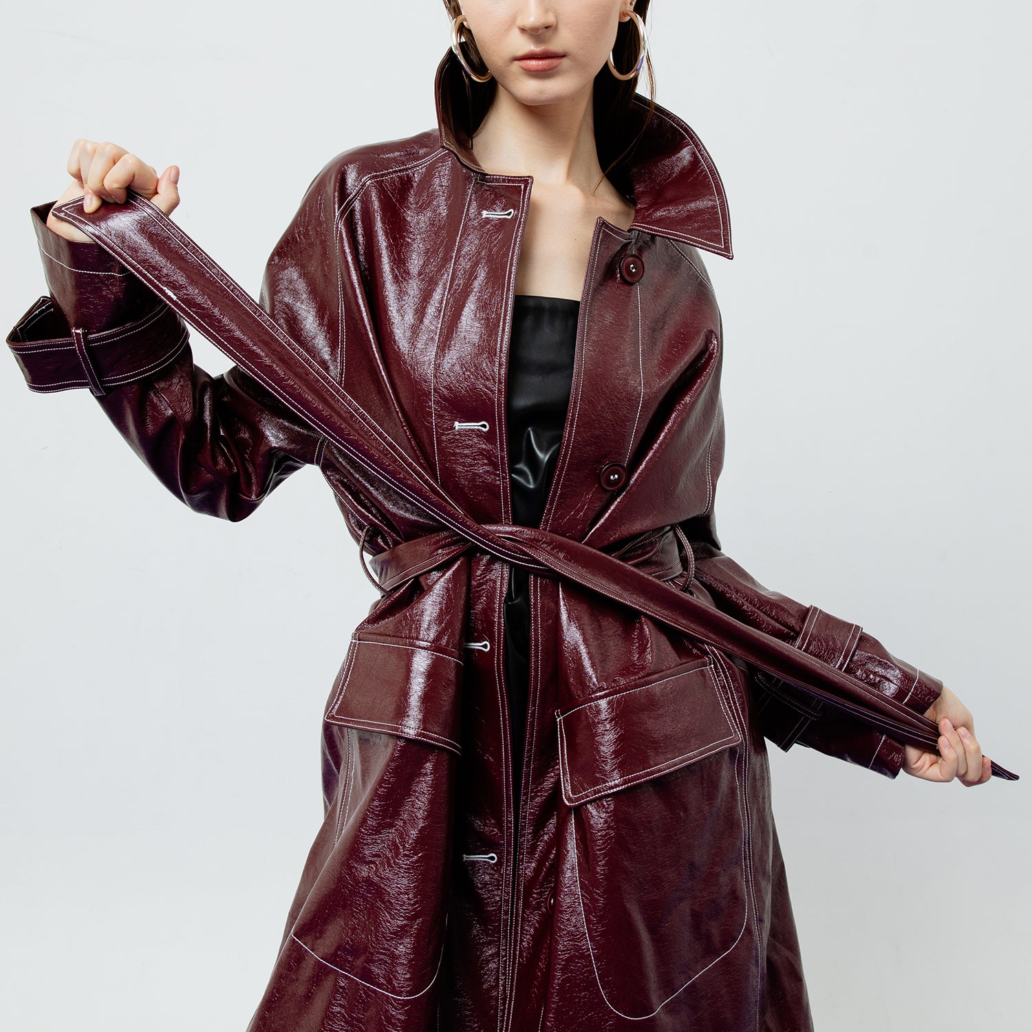 BRIA LEATHER MAROON TRENCH COAT