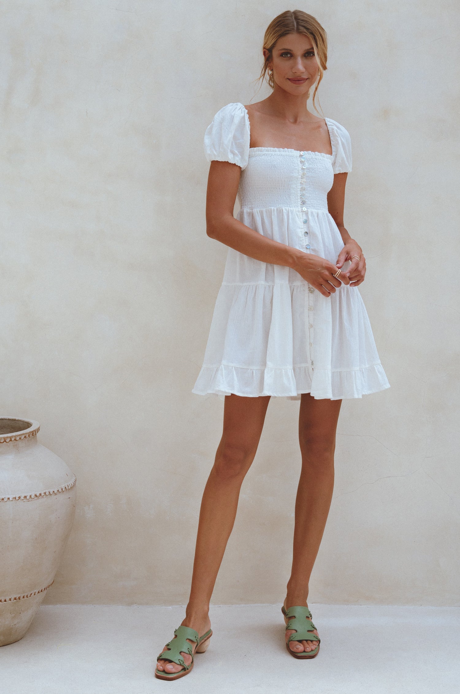 Catalina Smocked Linen Mini Dress - White