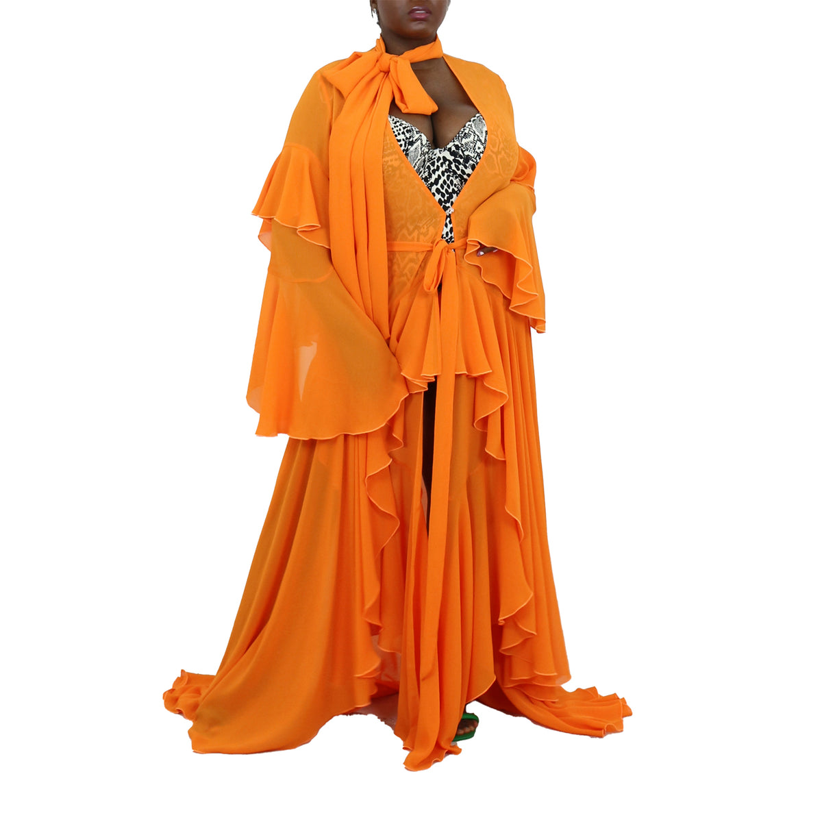 Korinne Deluxe Kaftan With Neck Tie-Neon Orange