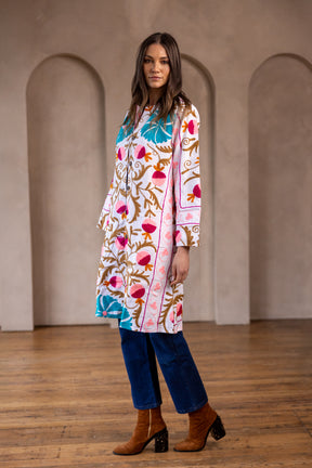 Malika Coats - Pink Embroidery on White Base