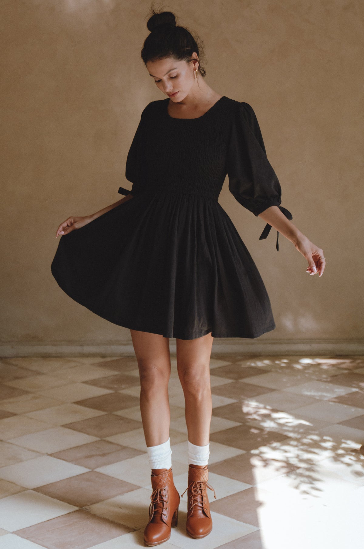 Jolie Puff Sleeve Linen Mini Dress  - Black