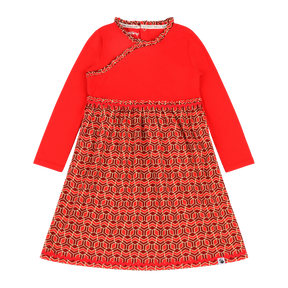 Mixed Up Clothing Girls Long Sleeve Ruffle Trim Dress Red Multicolor