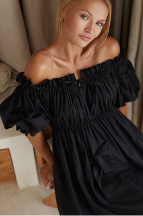 Vacay Off Shoulder Cotton Mini Dress - Black