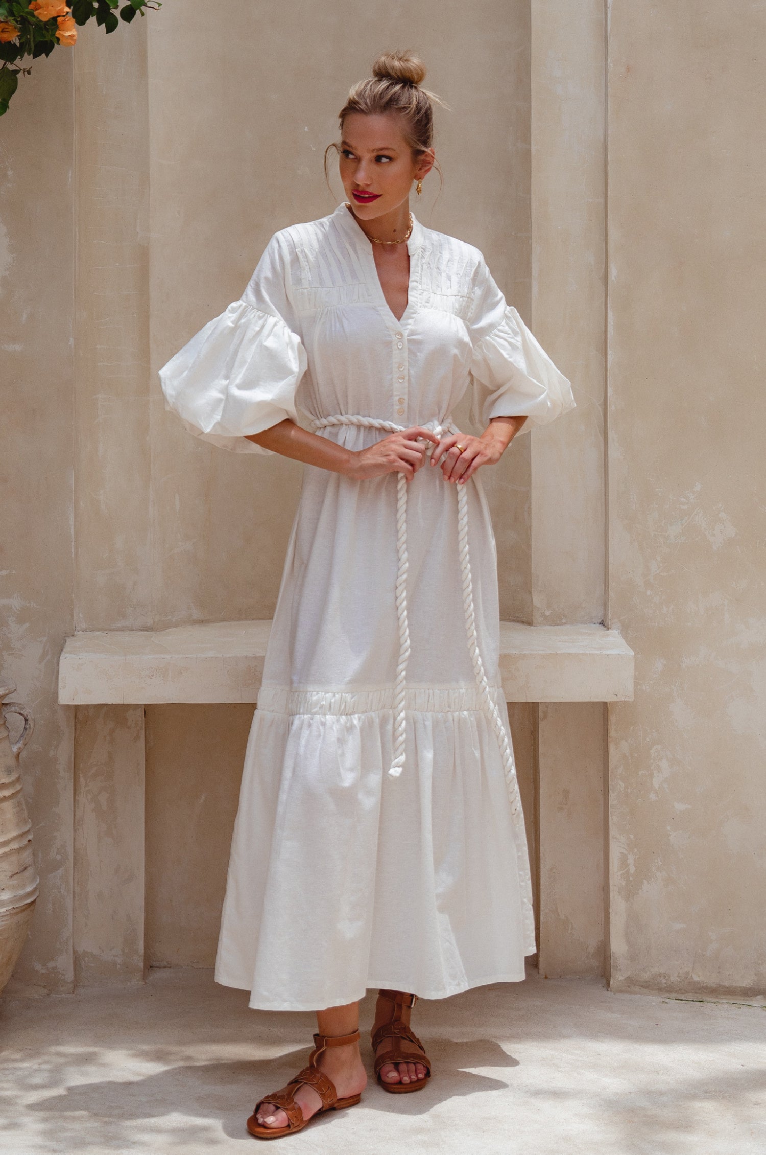 Oleana Puff Sleeve Maxi Dress - Off White