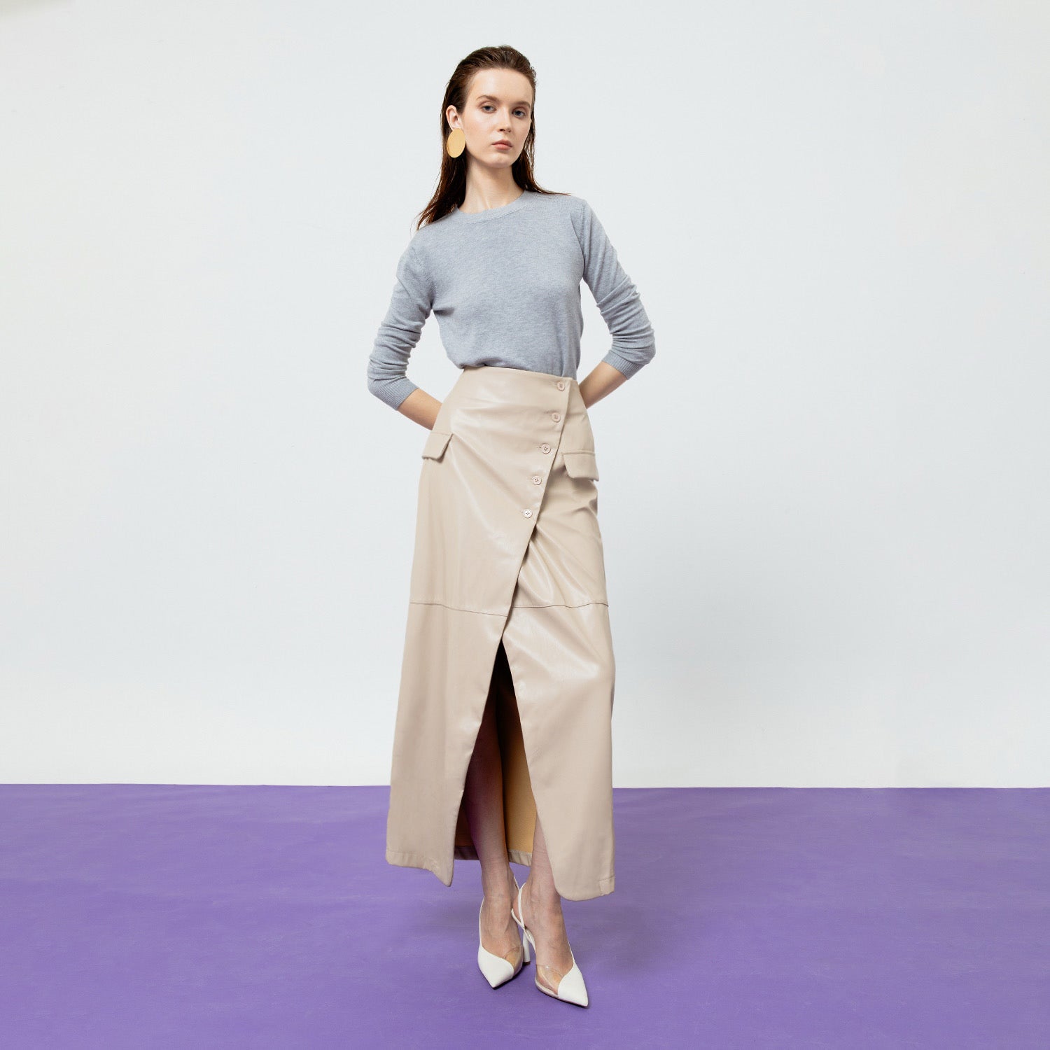 BEATRIX CREME FAUX LEATHER MIDI SKIRT